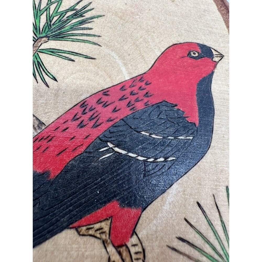 Red Bird Wall Hanging Picture Handmade Signed Live Edge Wood Oval Pine Grosbeak - Picture 3 of 9
